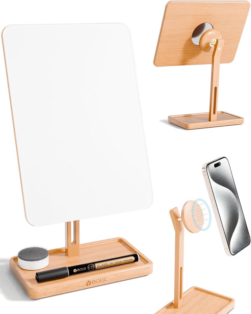 YEOUX Premium Desktop Glass Whiteboard & Magnetic Phone Stand 2-in-1 | 360° Adjustable | Solid Wood | Compatible with MagSafe, Small Dry Erase Board for Office Home Desk - Image 1